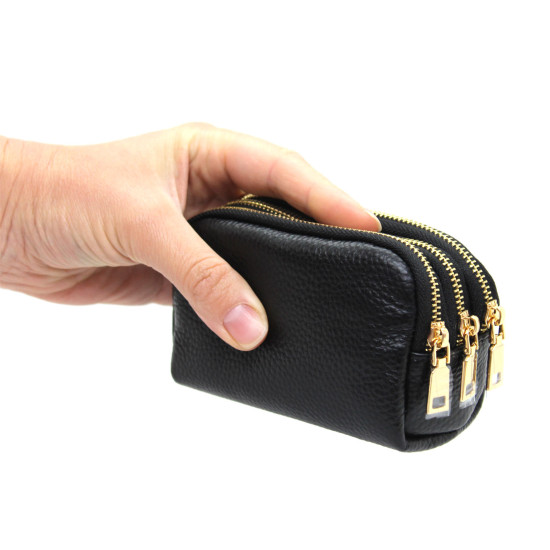 Portafoglio compatto da donna in pelle con 3 tasche zip porta carte monete
